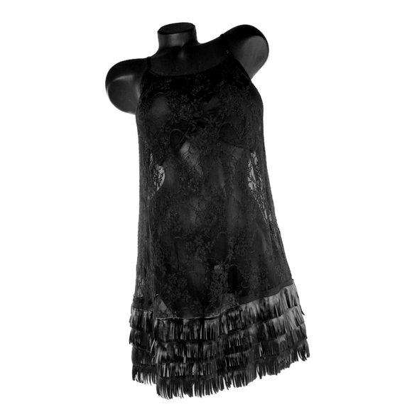 Black Lace Slip Tank Dress with Leather Fringes Extender. - Picture 3 of 4